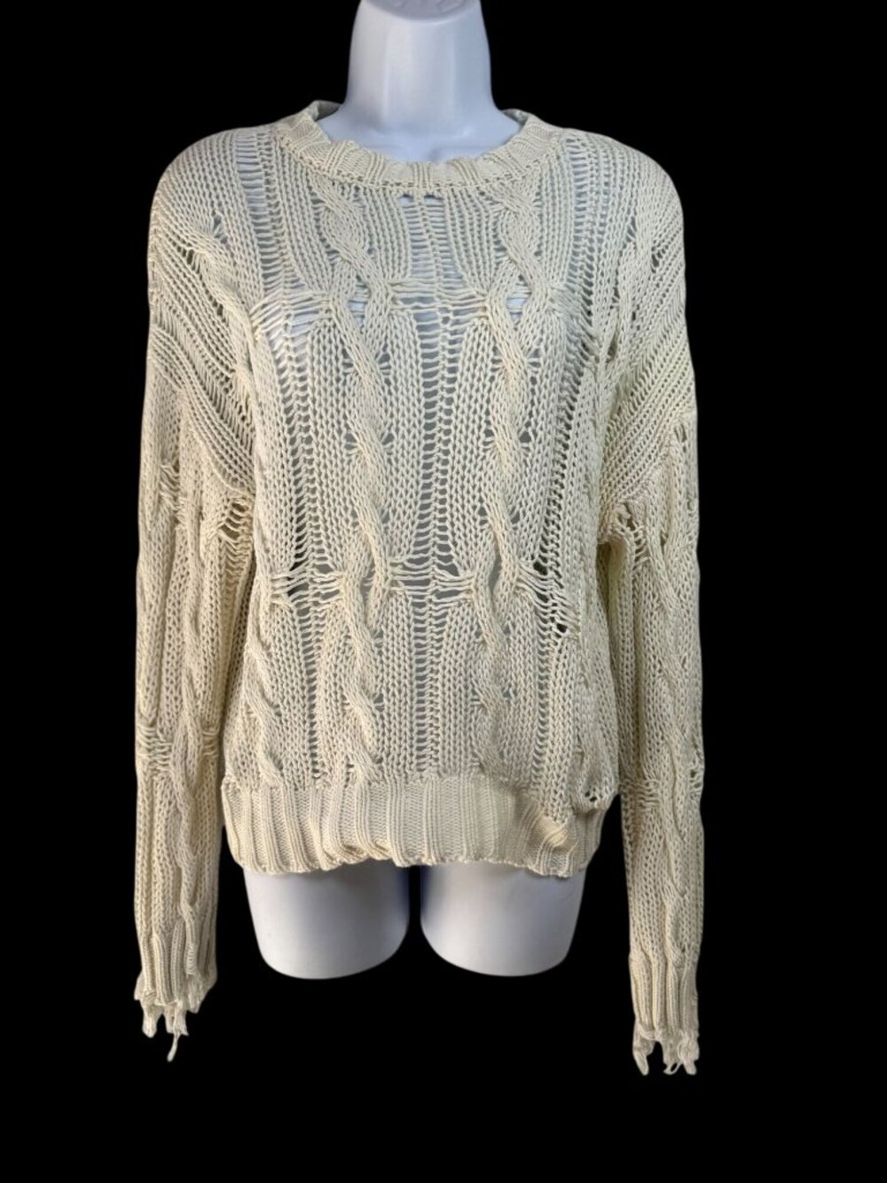 SABLYN Cotton Silk Cashmere Cream Cable Knit Sweater Medium Mitzy 2102 Distress